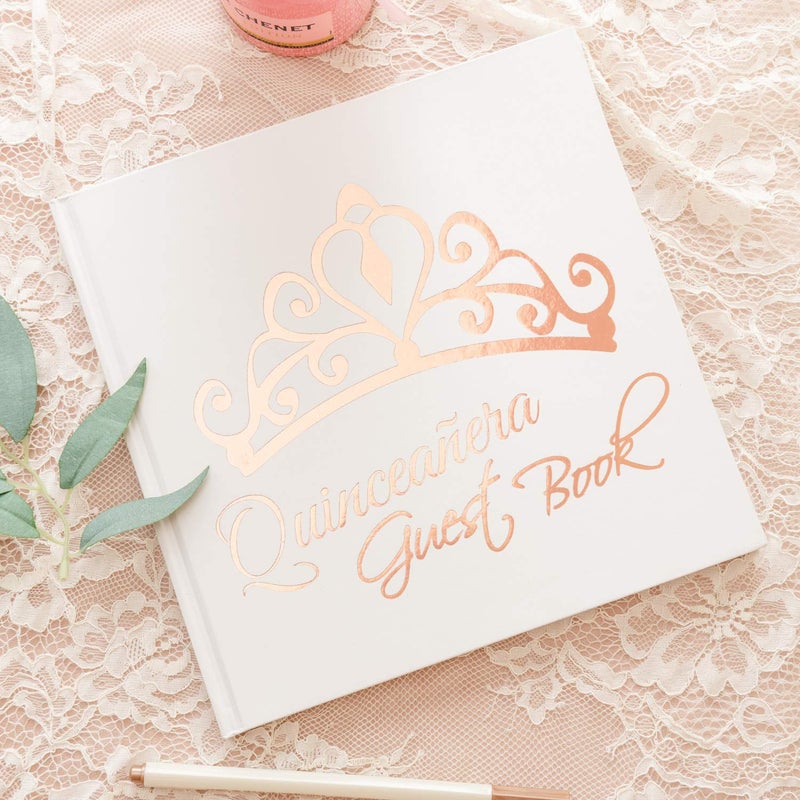 Calculs Libro De Firmas Para QuinceaÃ±era Guest Book 15th Quinceanera Party Favors Polaroid Picture Book Decorations 8.5â€ Square White Cover Rose Gold Gilding - Image 2